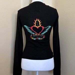Women's Vintage Cashmere Sweater Graphic Heart With Wings & Fire Size Small